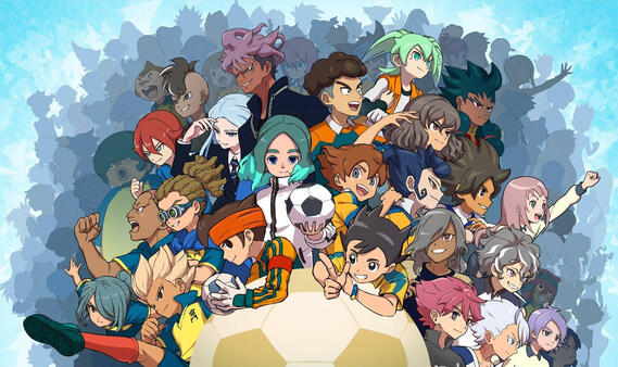 The inazuma eleven casts are posing around a soccerball. The main casts if each series are all visible at the middle whereas the supporting characters are silhouettes in the background.